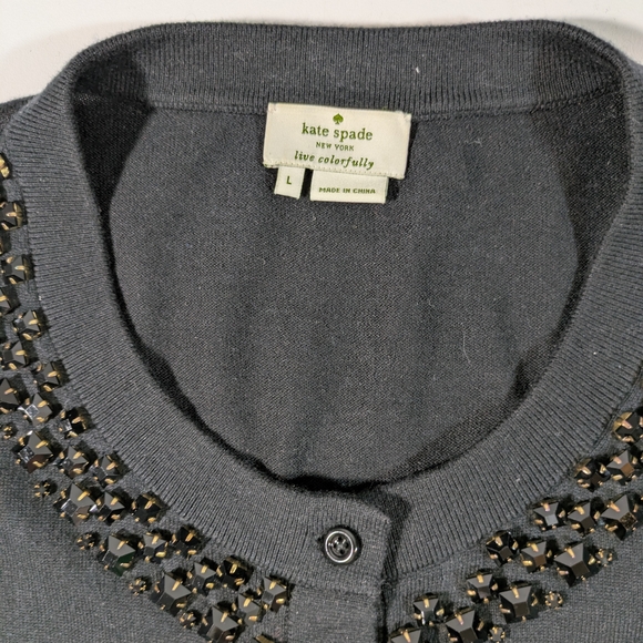 Kate Spade Black Rhinestone Collar Cardigan Cotton Silk Size Large - Picture 2 of 11